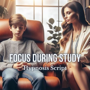 Pode incluir: Uma pessoa jovem está sentada em uma cadeira de couro com os olhos fechados, enquanto uma mulher está sentada em uma cadeira ao lado dela. O texto "FOCUS DURING STUDY" e "Hypnosis Script" é exibido na imagem.