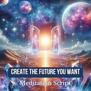 Puede incluir: Un guion de meditación con el texto "CREATE THE FUTURE YOU WANT" en una pancarta azul sobre un paisaje de fantasía con un portal brillante y planetas en el cielo.