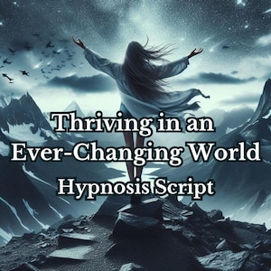 Pode incluir: Uma imagem digital artística apresenta uma pessoa com os braços estendidos, em pé no topo rochoso, com um fundo montanhoso e um céu estrelado. O texto "Thriving in an Ever-Changing World Hypnosis Script" está sobreposto.