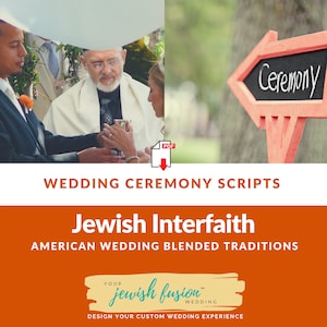 Puede incluir: La imagen muestra una ceremonia de boda con un letrero que dice "Ceremonia". También se ve el texto "Jewish Interfaith" y "American Wedding Blended Traditions". La imagen incluye un icono PDF y el texto "Wedding Ceremony Scripts".