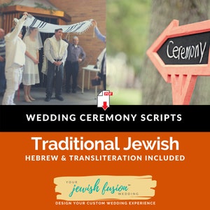 Puede incluir: Imagen de una ceremonia de boda judía con una pareja bajo una jupá. La imagen incluye un letrero que dice "Ceremonia". El texto de la imagen dice "Guiones de ceremonia de boda" y "Judío tradicional".