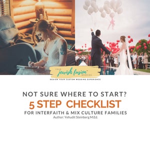 Op de afbeelding: Een promotieafbeelding voor een huwelijksservice, met een bruid die schrijft en een stel dat ballonnen oplaat. Tekst bevat "Your Jewish Fusion Wedding" en "5 Step Checklist for Interfaith & Mix Culture Families."