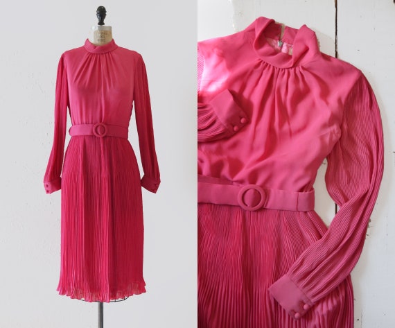 1960s Hot Pink Pleated Midi dress / vintage belted