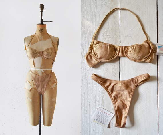 1980s Deadstock Gold Bikini / vintage thong swimsu