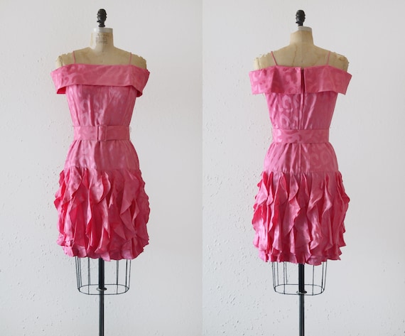 1980s Hot Pink Silk Off the Shoulder Mini Dress /