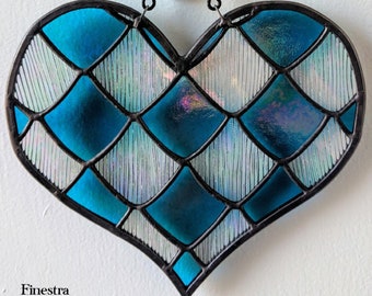 Iridescent Peacock Blue and Clear Chord Ice Dragon at Heart Stained Glass Suncatcher