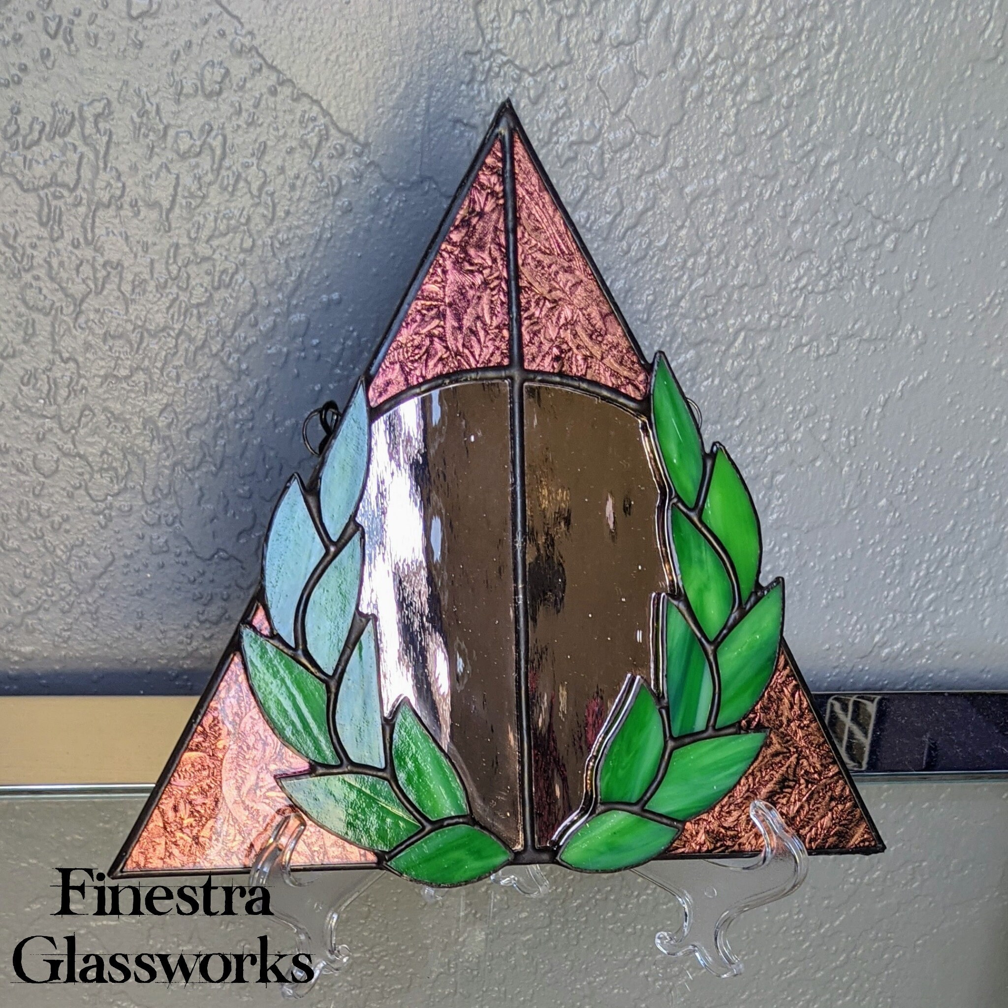Copper Stained Glass Deathly Hallows Mirror with Laurel Overlay