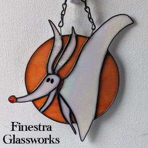 Zero Halloween Ghost Dog With Pumpkin Orange Background Stained Glass Suncatcher image 1