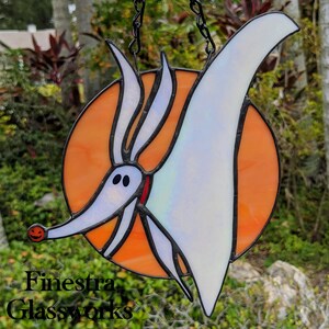 Zero Halloween Ghost Dog With Pumpkin Orange Background Stained Glass Suncatcher image 6