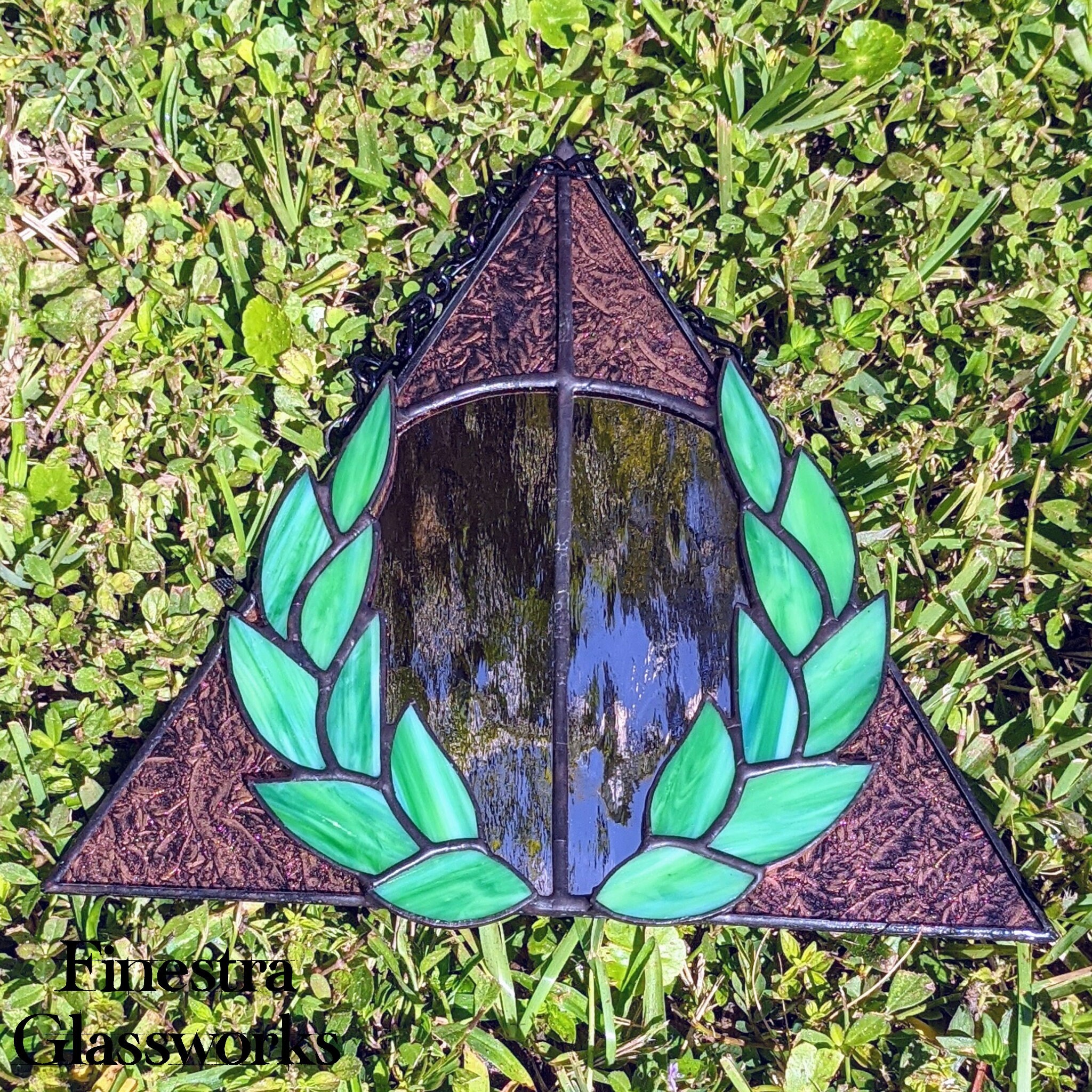 Copper Stained Glass Deathly Hallows Mirror with Laurel Overlay