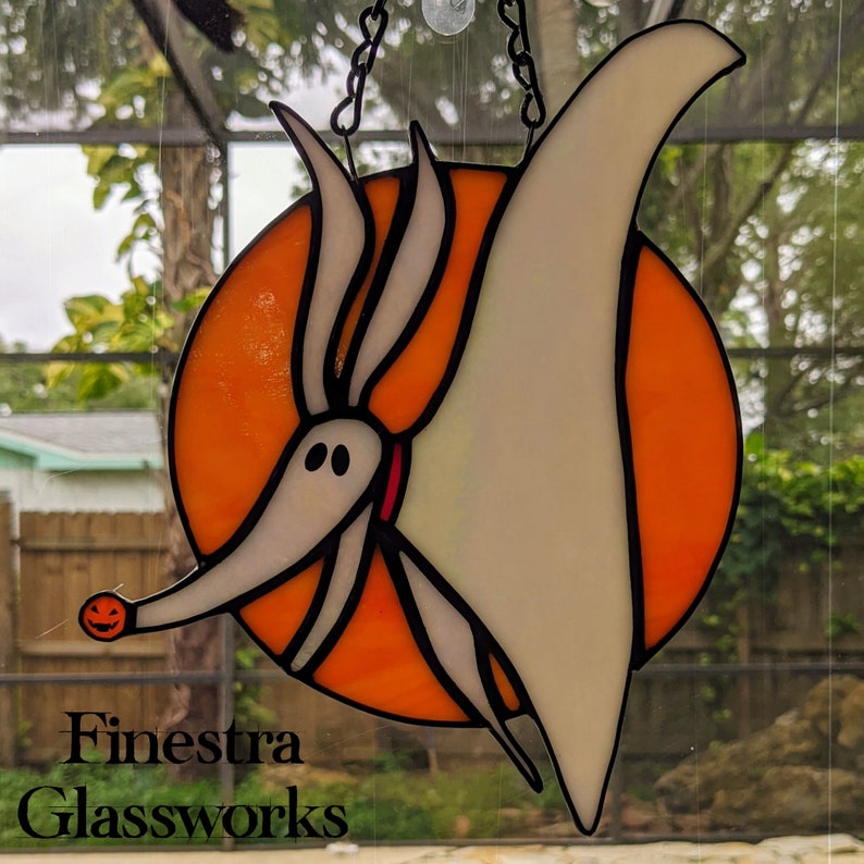 Zero Halloween Ghost Dog With Pumpkin Orange Background Stained Glass Suncatcher image 4