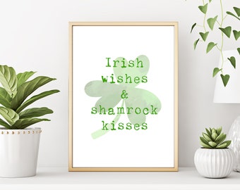 Irish Wishes & Shamrock Kisses PRINTABLE Wall Art, St Patrick's Day Decor, Chartreuse Green Wall Decor, Spring Wall Art, Digital Download