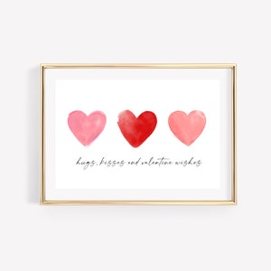 Valentine's Day Gift, Hugs Kisses Valentine Wishes Wall Decor, Watercolor Hearts Sign Printable Art, Hot Pink Decor