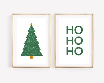 HO HO HO Christmas Tree Set Of 2 Printable Wall Art, Christmas Wall Decor, Over The Couch Art, Christmas Decoration