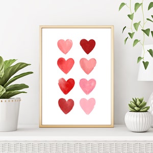 Valentine's Day Decor, Watercolor Hearts Printable Art, Valentine's Day Wall Art, Red Heart Print, Pink Heart, Pink Decor, Digital Download image 5