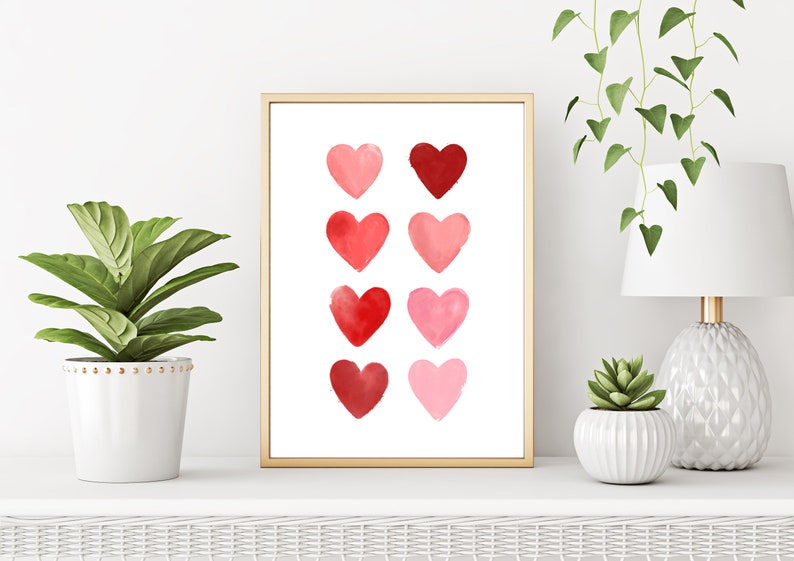 Valentine's Day Decor, Watercolor Hearts Printable Art, Valentine's Day Wall Art, Red Heart Print, Pink Heart, Pink Decor, Digital Download image 5