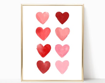 Valentine's Day Decor, Watercolor Hearts Printable Art, Valentine's Day Wall Art, Red Heart Print, Pink Heart, Pink Decor, Digital Download