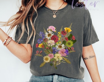 Flower Bouquet Shirt, Pressed Flowers Tshirt, Boho Wildflowers Cottagecore Shirt, Vintageflower Tee, Oversized Custom Color Shirt