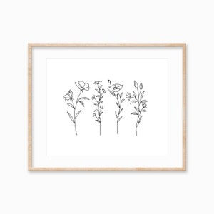 Floral Line Art, Printable Wall Art, Black and White Flowers, Boho Wall Art, Botanical Art, Scandinavian