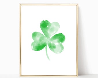 St Patrick's Day Printable Wall Art, Watercolor Clover Wall Decor, Green Shamrock, Spring Decor, Fun Wall Art, Green Wall Art