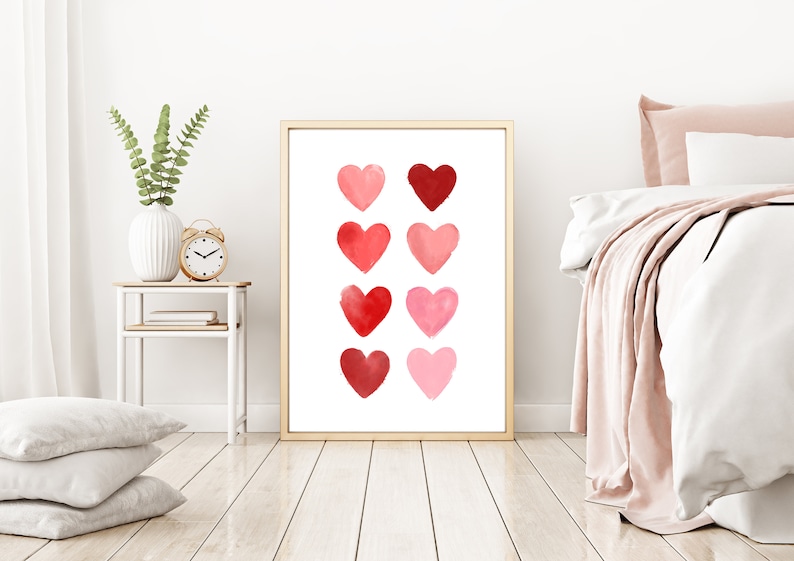 Valentine's Day Decor, Watercolor Hearts Printable Art, Valentine's Day Wall Art, Red Heart Print, Pink Heart, Pink Decor, Digital Download image 6