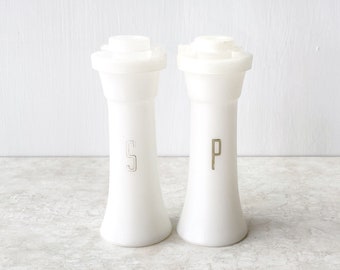 Vintage Tupperware Mini Hourglass Salt and Pepper Shakers White with Gold Lettering 4" Tall