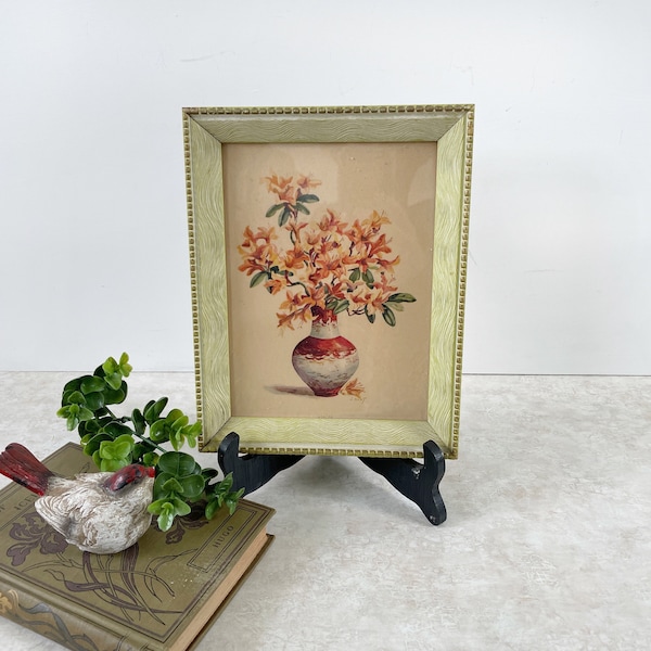 Framed Floral Print, Vintage Orange Azalea Flowers in Vase Lithograph w/ Green Frame Wall Decor L Hart 9x7