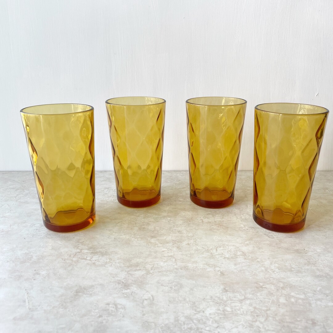 Vintage Amber Drinking Glasses, Set of Four Hazel Atlas Diamond Optic Tumblers 12 Fluid Ounces ...