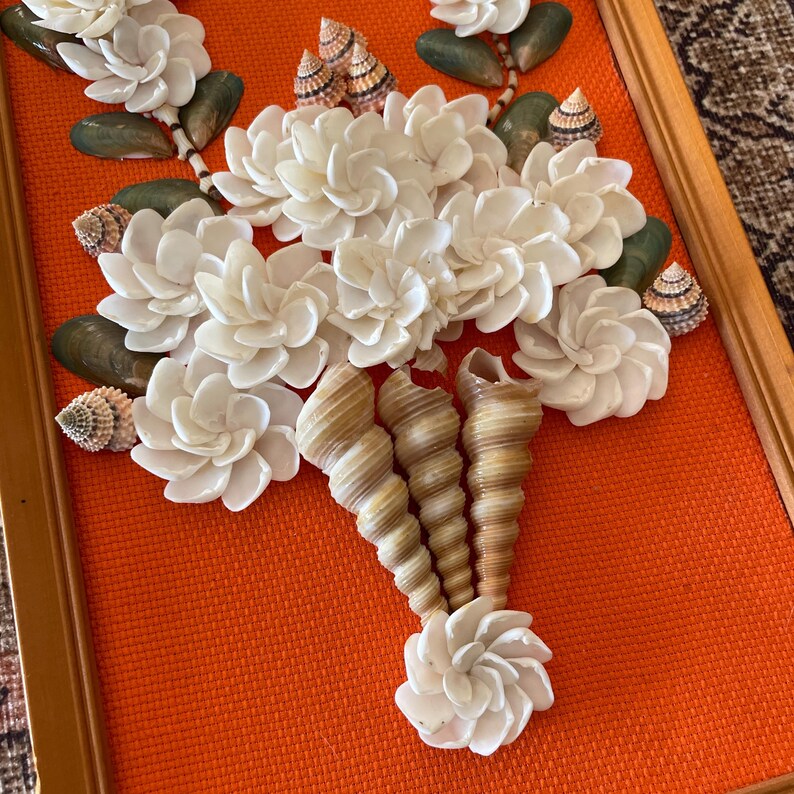 Vintage Seashell Framed Wall Art, MCM Coastal Shell Flower Bouquet Wall Hanging, 1970s Beach Nautical Decor 25x9