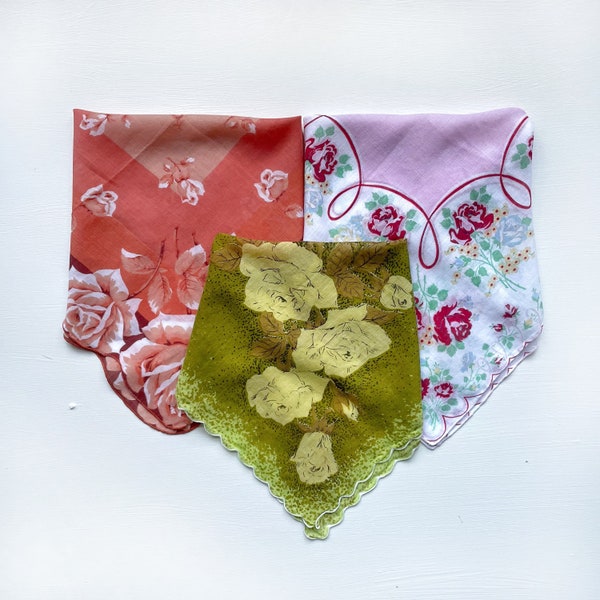 Vintage Floral Handkerchief, Printed Ladies Cotton Vintage Hankie - Sold Individually