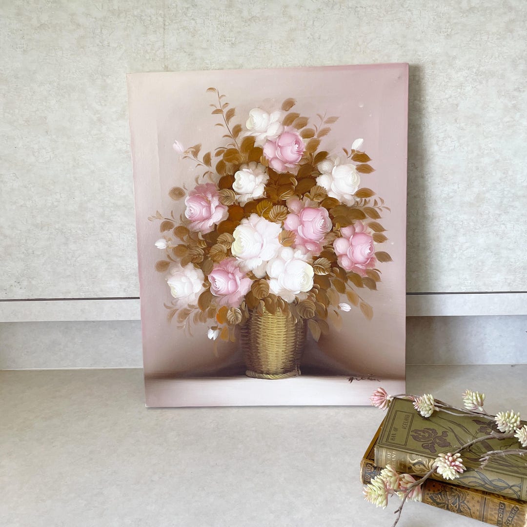 Vintage Floral Oil Painting: Pink Roses Still Life, Cottagecore Wall ...