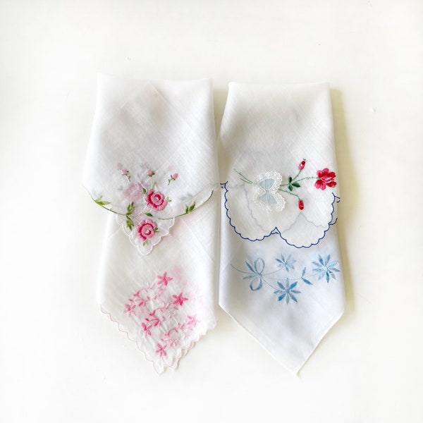 Vintage Handkerchief, Embroidered Ladies Vintage Hankie, Embroidered Flowers Florals - Sold Individually