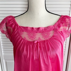 Vintage Two Piece Pink Satin Lingerie, Bernette New York Top and Pants Nylon Silky Pajama Set Cap Sleeves Lace Accents Sz Large
