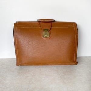Vintage Brown Leather Brief Case, Split Cowhide Satchel Portfolio Attache Case Accordion Style with Top Opening and Handle 18&quot; Long