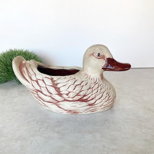 May include: A ceramic duck planter in a sitting position. The duck is primarily off-white with reddish-brown accents on the wings and body. It has a dark red beak and a dark interior. The planter is designed to hold small plants or flowers.