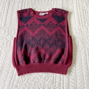 Pullover Burgundy & Black Knit Sweater Vest, Vintage Joyce Sportswear Acrylic Blend Geometric Pattern 1980s Fashion, Size Medium