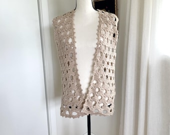 Vintage Wool Crochet Open Front Tunic Sleeveless Sweater Vest: Women's Size Small