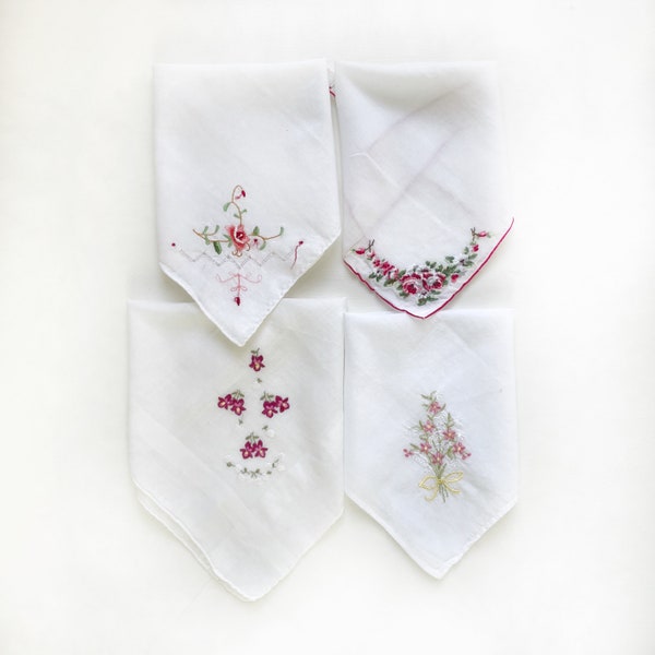 Vintage Handkerchief, Embroidered Ladies Cotton Hankie, Embroidered Flowers Florals - Sold Individually