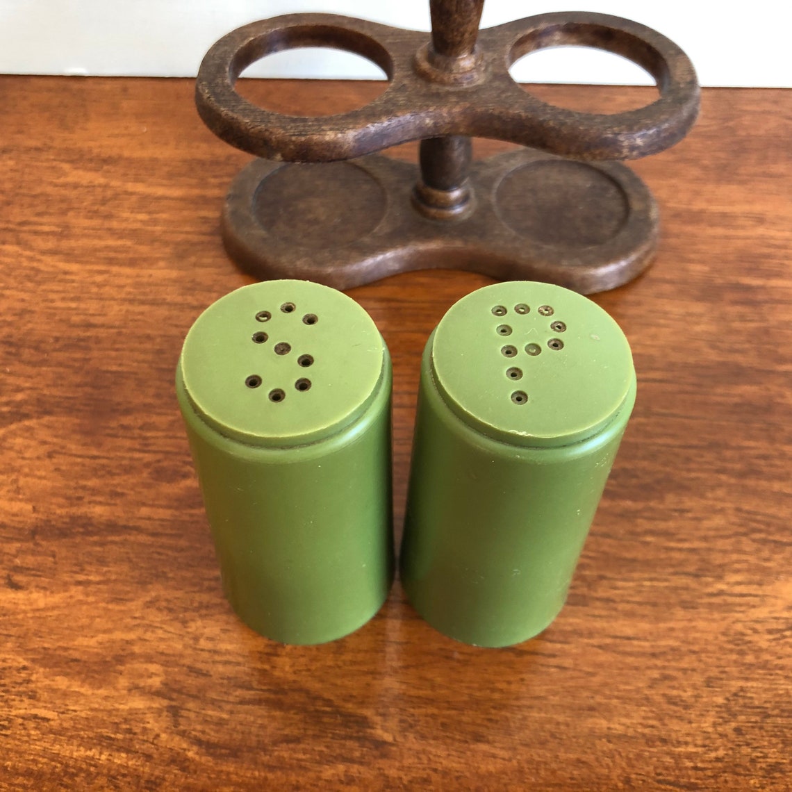 Retro Plastic Salt and Pepper Shakers with Wood Holder Vintage Etsy
