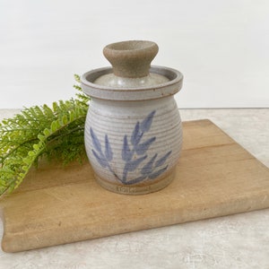 Vintage Small Art Pottery Jar w/ Lid, Stoneware Tollefson Pottery Canister Hand Painted Blue Leaves 5.5" Tall