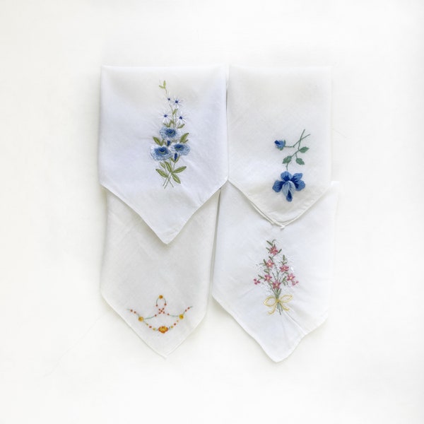 Vintage Handkerchief, Embroidered Ladies Cotton Hankie, Embroidered Flowers Florals - Sold Individually