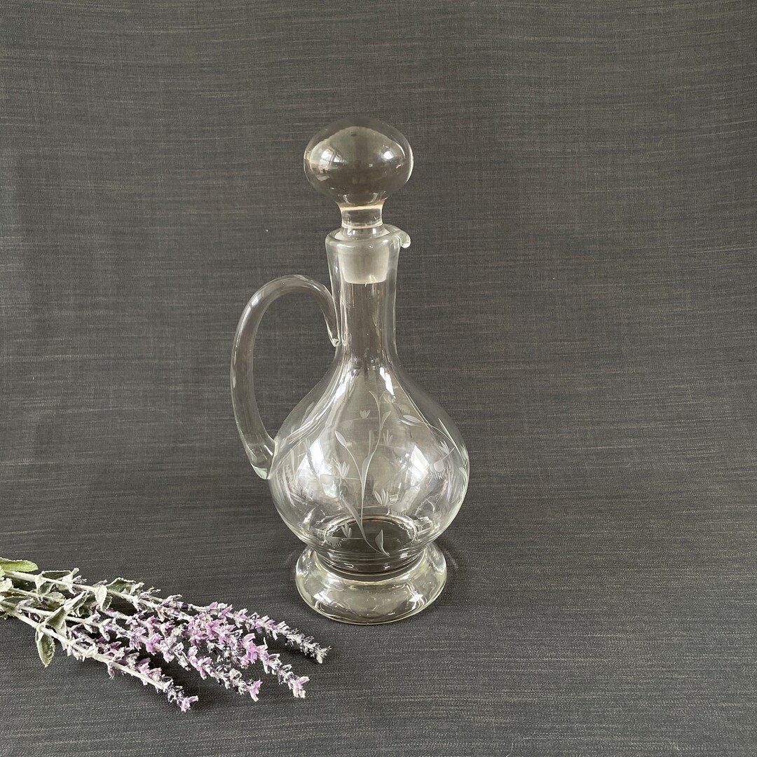 Vintage Clear Etched Glass Wine Decanter, Glass Decanter With Floral