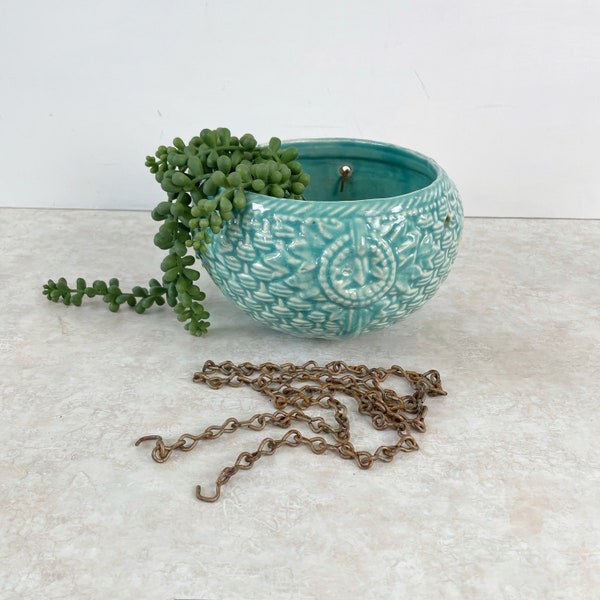 McCoy Pottery Ceramic Hanging Planter, Vintage Teal Blue Aqua Round Hanging Planter with Basket Weave Pattern