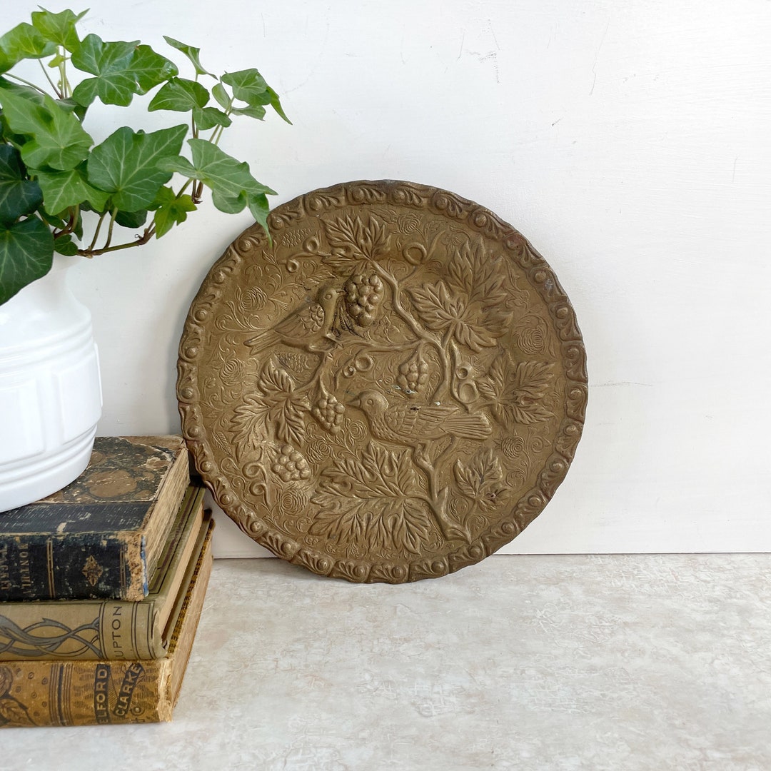 Vintage Brass Decorative Wall Plate, Embossed Birds Grape Vine Berry