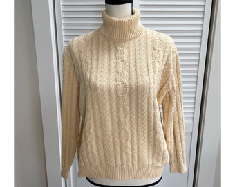 Wainscott Vintage Cable Knit Yellow Turtleneck Sweater, 80s 90s Women’s Size Medium 90s Y2K Cropped Cotton Pullover Sweater