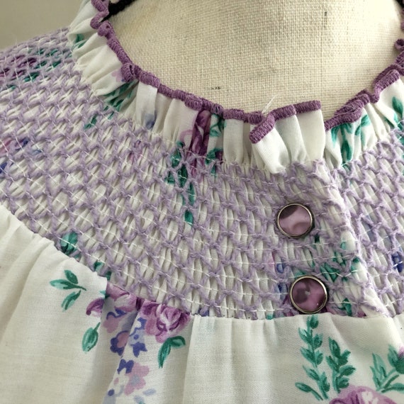 Vintage Smock Apron House Coat Purple Hawaiian Print Pearl Snaps S