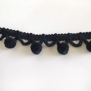 Cotton Pom Pom Trim, Vintage Black Dangling 1/2 inch Ball Fringe, Sold by the Yard