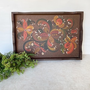 Rosemaling Decorative Tray with Handles, Vintage Orange Brown Floral Wooden Tray, Scandinavian Folk Art 18&quot;x12&quot;