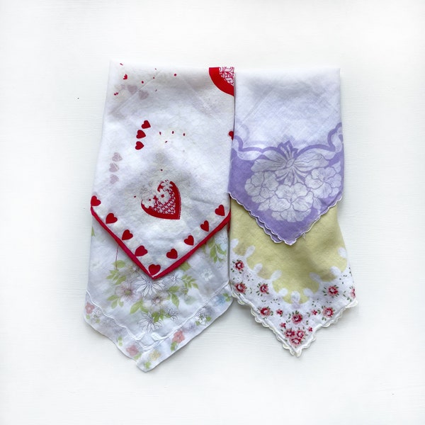 Vintage Handkerchief, Printed Ladies Cotton Vintage Hankie, Hearts Floral Flowers - Sold Individually
