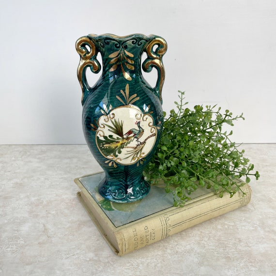 Vintage Ceramic Peacock Vase Decorative Teal Blue Gold - Etsy